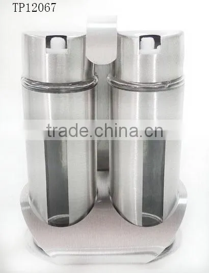 three pieces set metal coating cylinder glass spice bottle with metal stand