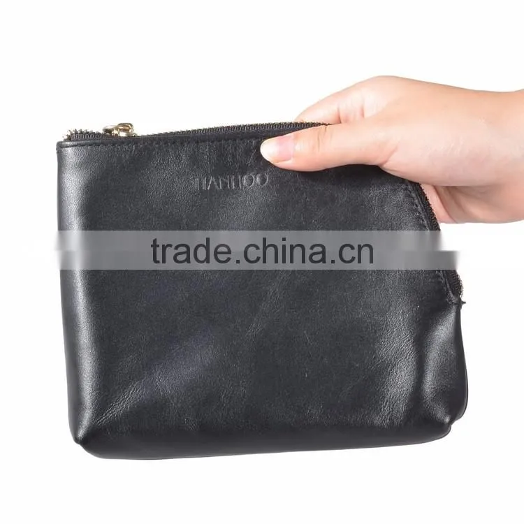Women Genuine Leather Makeup Bag Professional Cosmetic Cases Black Color Phone Pouch Clutch Bag