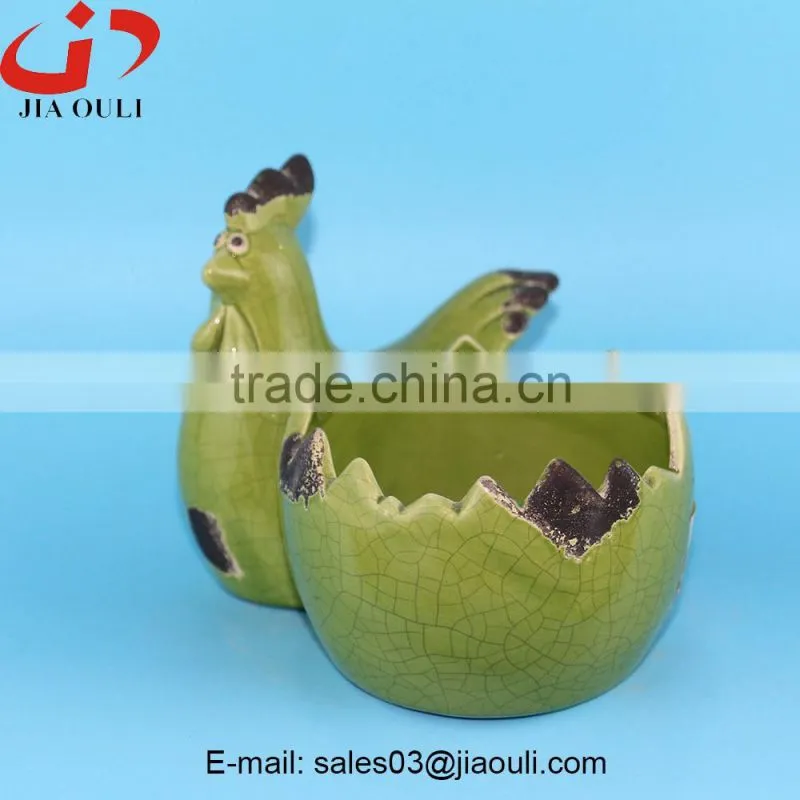 Popular sale EASTER decoration crackle glazed Ceramic Chicken planter