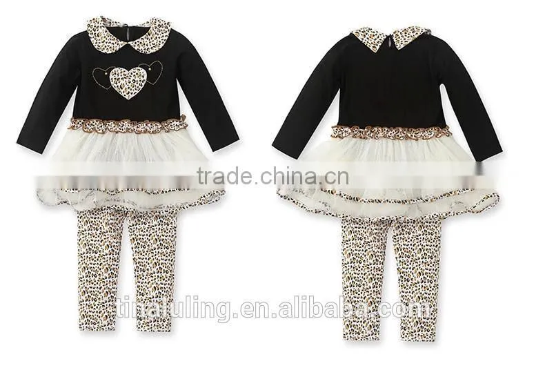 Wholesale clothing baby clothes New Arrival baby girls boutique leopard heart shap dress with leggings 2pcs outfits