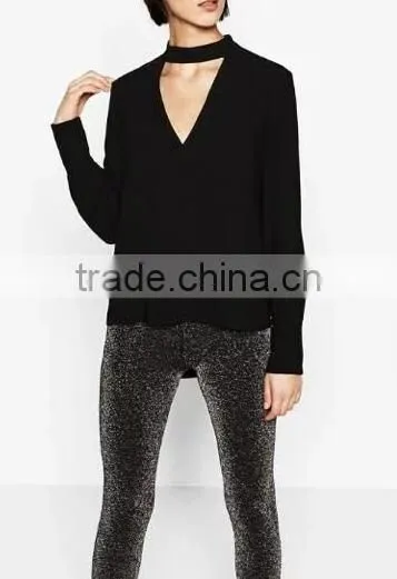 Runwaylover EY2376B Ladies 2017 Deep V-Neck Sexy Pure Color Blouse