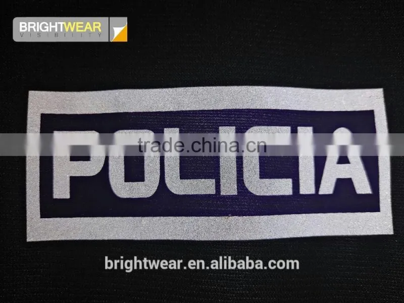 Relfective Policia or chest reflective letter reflective words be heated on vest for Spain market