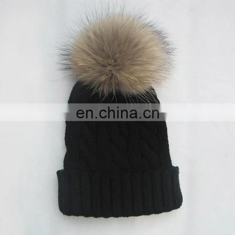 Fashion knit cable hats with big natural raccoon fur pom poms