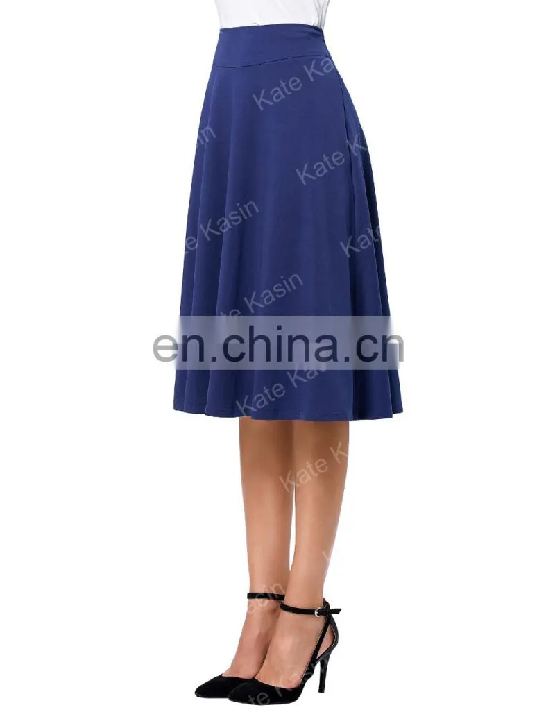 Kate Kasin Occident Women's High Stretchy Navy Cotton High Waist A line Flared Skirt KK000279-2
