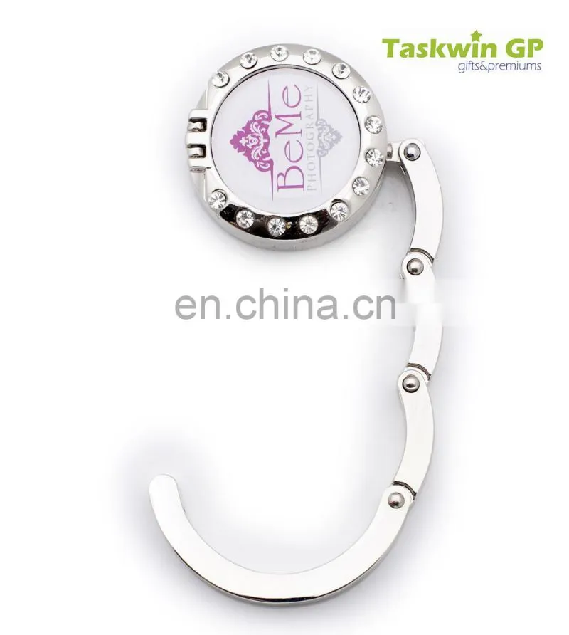Custom logo roud shape fold handbag hook , Metal bag hanger for table edge