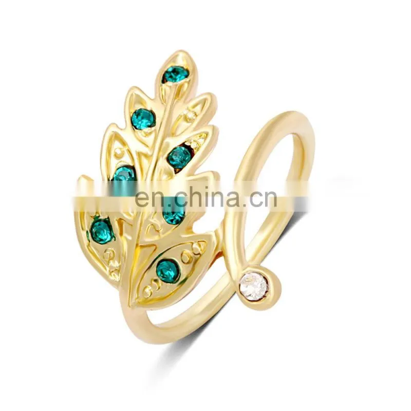 New hot sale latest gold plated leaf green crystal ring designs for girls