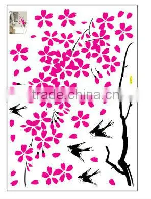 Pink Flower Wintersweet Lovely Swallow Tree TV Background PVC Home Decorative Wall Stickers