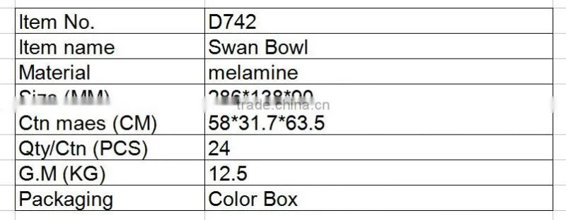 D724 2016 New Product Swan Bowl Salad Bowl Melamine Plastic Bowl