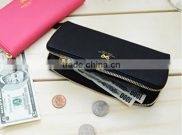Fahsion Custom Handmade Luxury Bowknot Women Zipped Leather Wallet