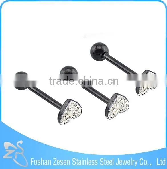 316L Black Steel White Crystal Heart Tongue Plug Body Jewelry