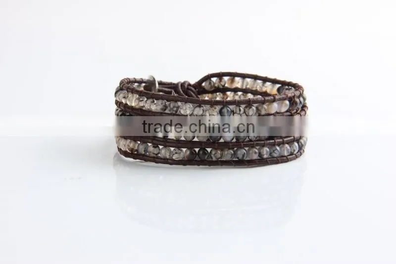 Fashion Jewelry 4 Strands 4mm Agate/Turquoise/Aquamarine/Opal Handmade Brown Leather Beaded Wrap Bracelet Excellent Handwork
