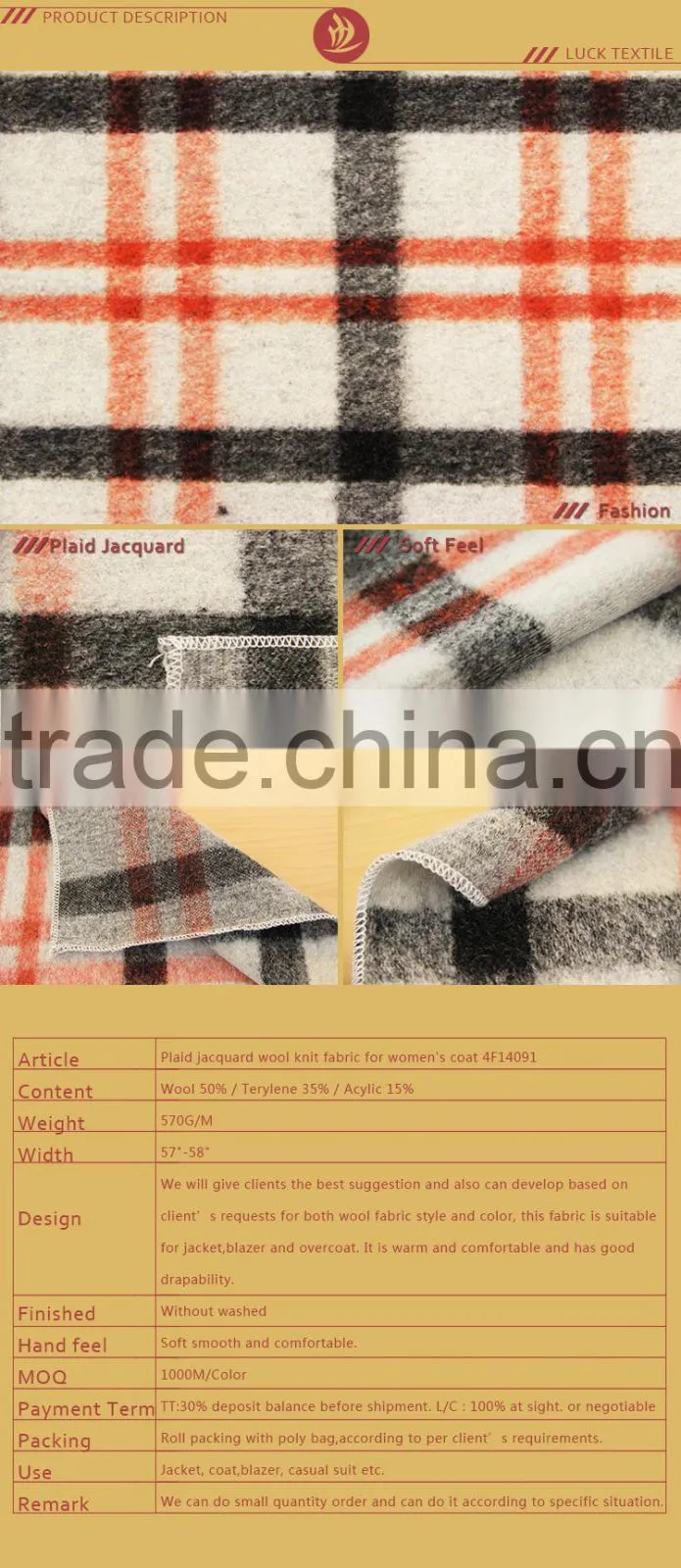 Plaid jacquard wool knit fabric for women's coat