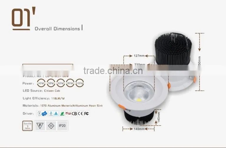 50W IP20 6150Lumen Citizen COB Dimmable Surface Mounted LED Downlight