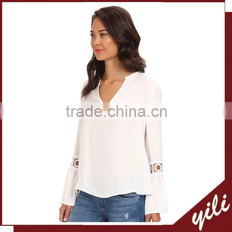 fashion women's chiffon blouse designer lace long sleeves tops for ladies