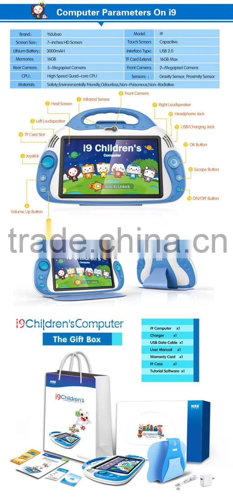 I9 Children computer, Children learning computer Electronic touch screen learning computer with game and music