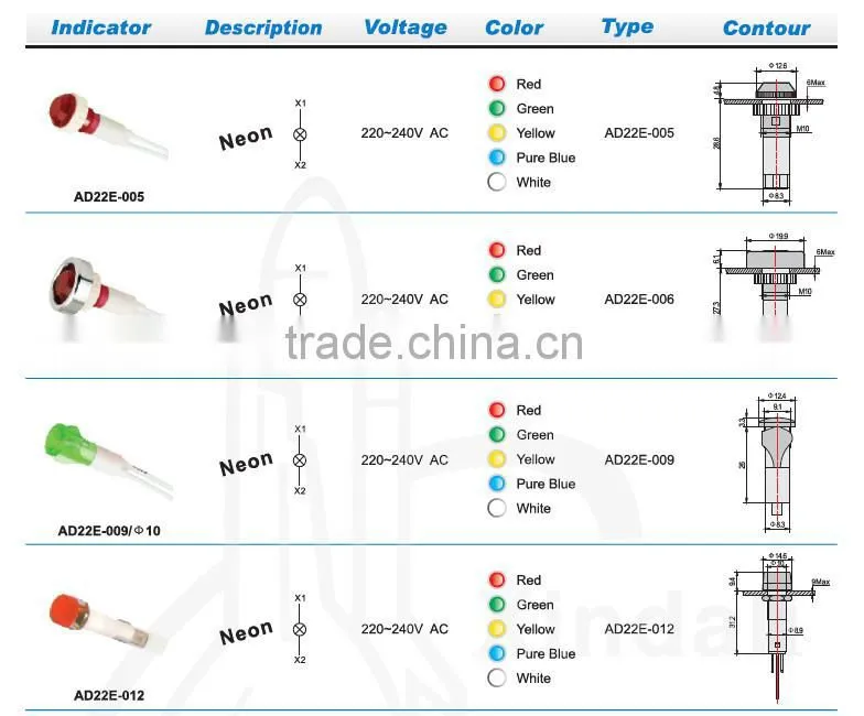 CE,CCC certificated neon indicator signal lamp/light AD22E-006
