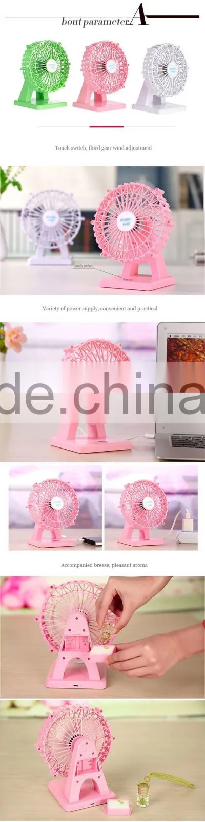 Ferris wheel style rechargeable standing fan winding data