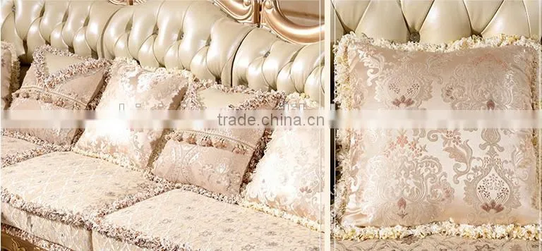 Luxury European style solid wood golden carving genuine leather back matching fabric seat living room corner sofa set