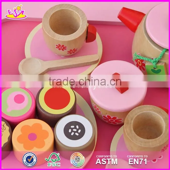 2017 New design pretend play toys girls pink wooden tea set toy W10B181