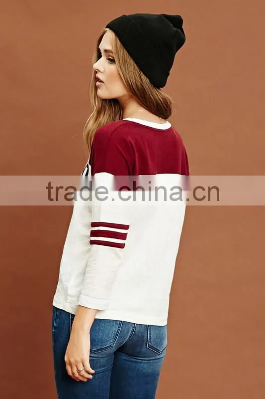 Custom print two clolors stitching 3/4 sleeve baseball t shirt
