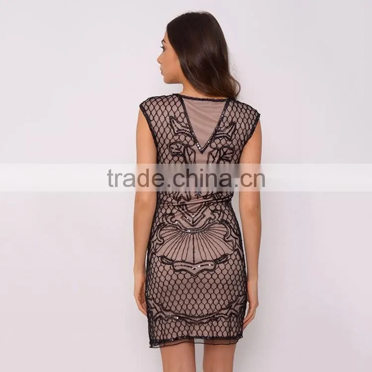 2016 Latest Black Embellished Mesh Dress
