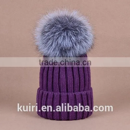 knitted hat with snap silver fox fur ball on top