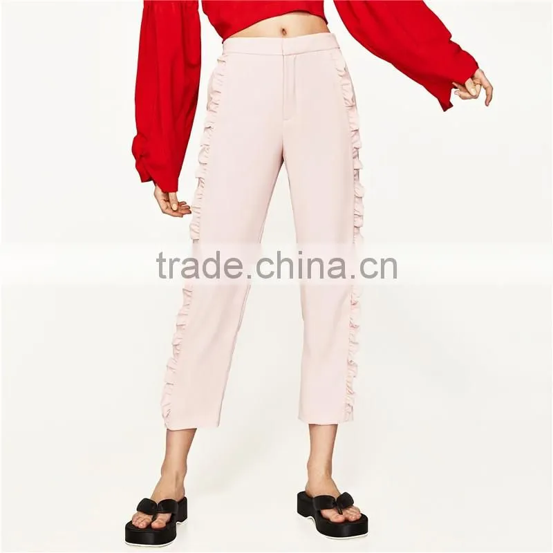2017 oem eco-friendely pink cropped flowing frilled women's trousers