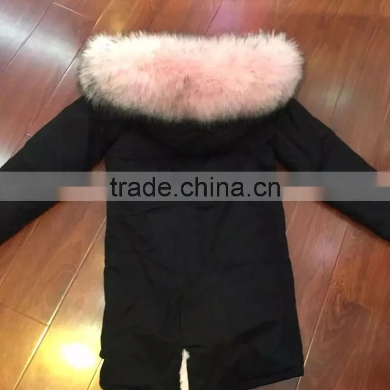 2017 FASHION women winter wear light pink fur long black jacket raccoon fur collar Mrs furs parka