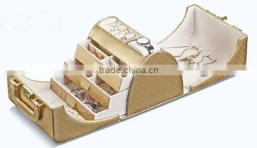 high quality gold Leather beauty cosmetic case,hard side cosmetic jewelry box case,leather jewelry display case