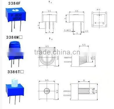 3386 Trimmer potentiometer,single-turn,Glass Glaze,P,X,W,Y,F,M,T