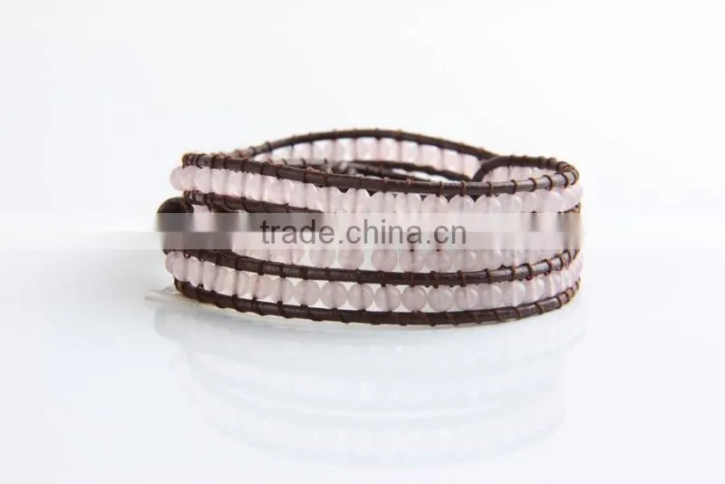 2016 Pink Bracelets Boho Style 4mm Clear Crystal Beaded Bracelets Fine Jewelry On Brown Leather Charm Jewelry