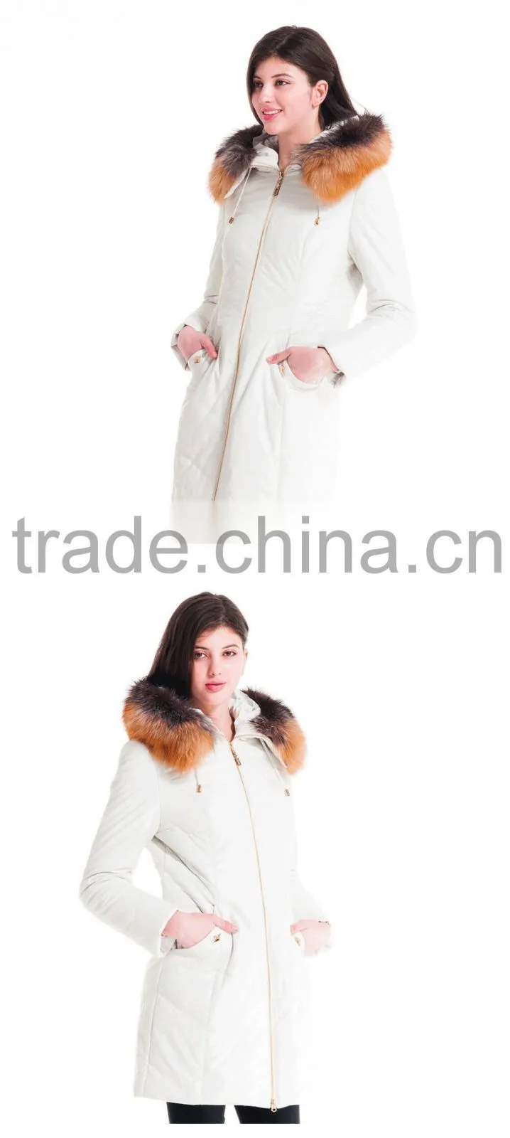 Winter Women Medium Length Slim Cut Coat With Brown Fox Hat Overcoat