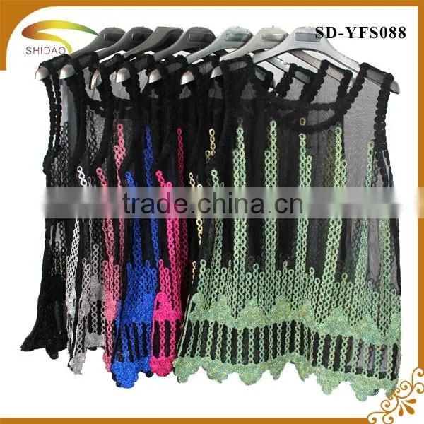 Latest summer loose casual fashion crochet lace blouse embroidered Lace sleeveless women tops blouse