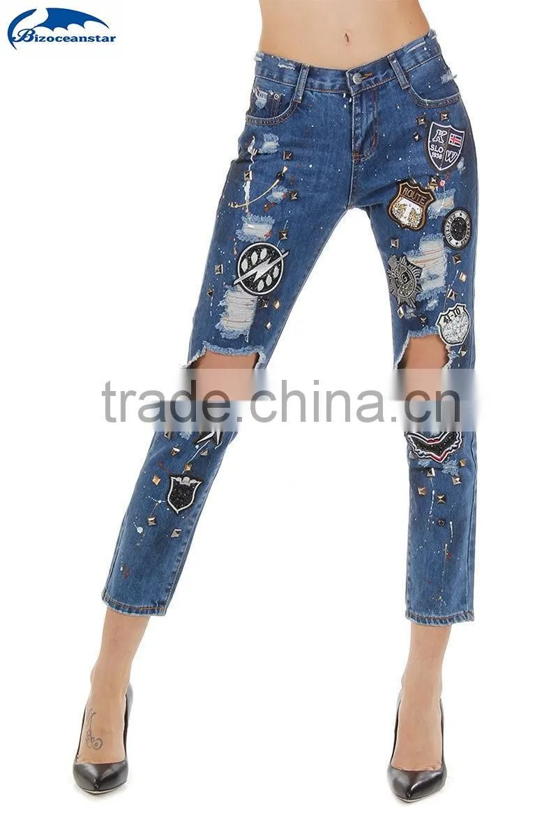 Women New Blu Destroyed Denim Embroidered Jeans Pants Trousers