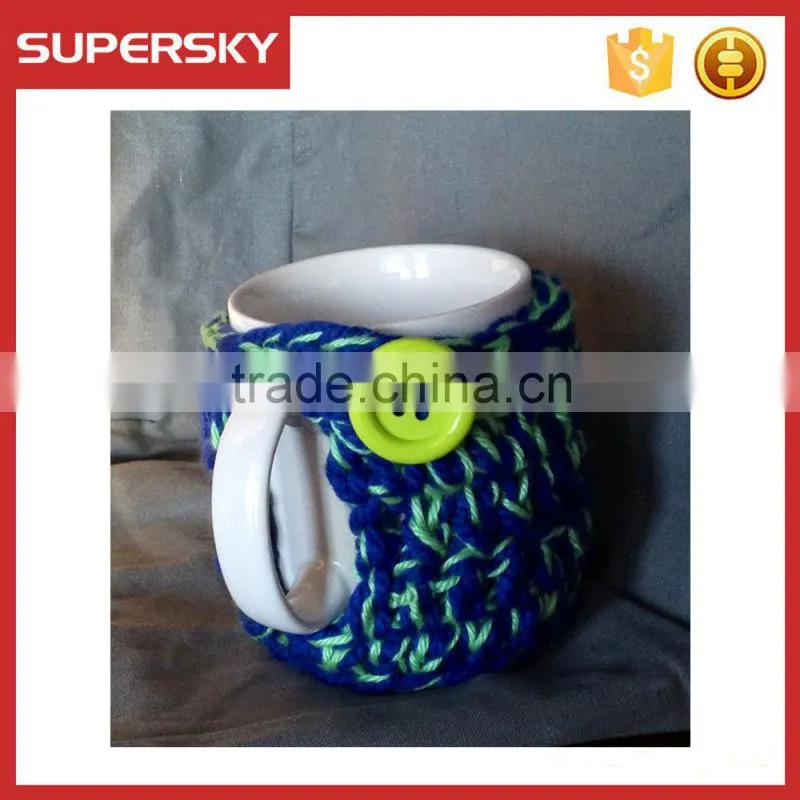 V-65 Blue and green crochet knit sleeve warmer cup mug sweater with greeen button