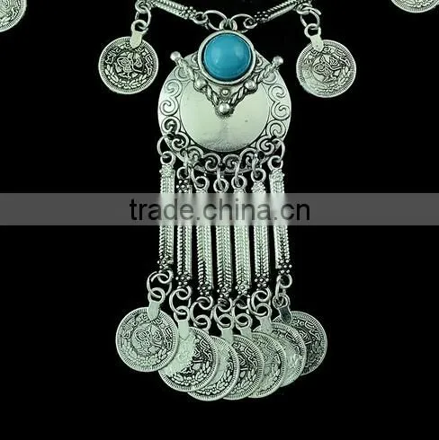 2016 New Fashion Gypsy Bohemian Boho Jewelry Antique Silver Tassels Long Carving Coins Necklace For Women
