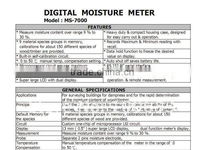 HOT SELL 9%-30%,9 material species memory,separate Pin type probe Moisture Meter MS-7000