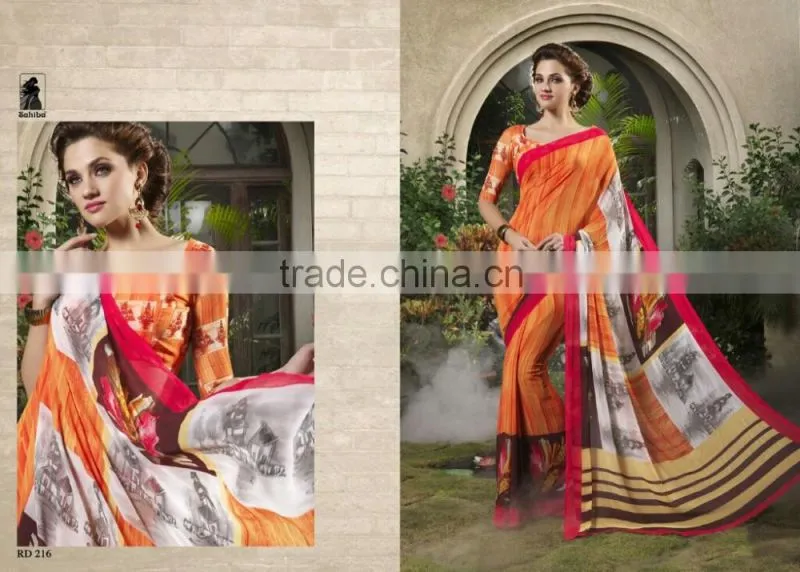 Zari Blouse and Orange color Womaniya Designer Sarees Collections