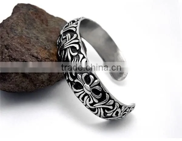 C shape antique silver vintage engraved stainless steel bangles