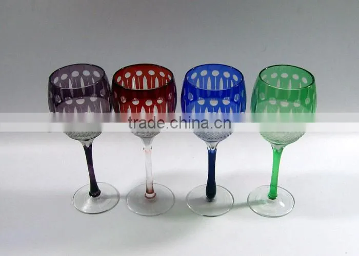 2017 China traditional made overlay etched pink wine glass