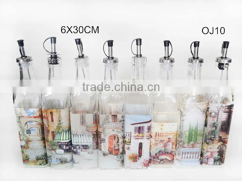 chinese favor decal square beautiful antique glass oil bottle with stopper