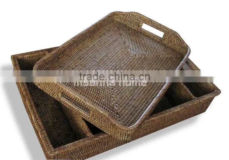 Rectangle full rattan tray with handles