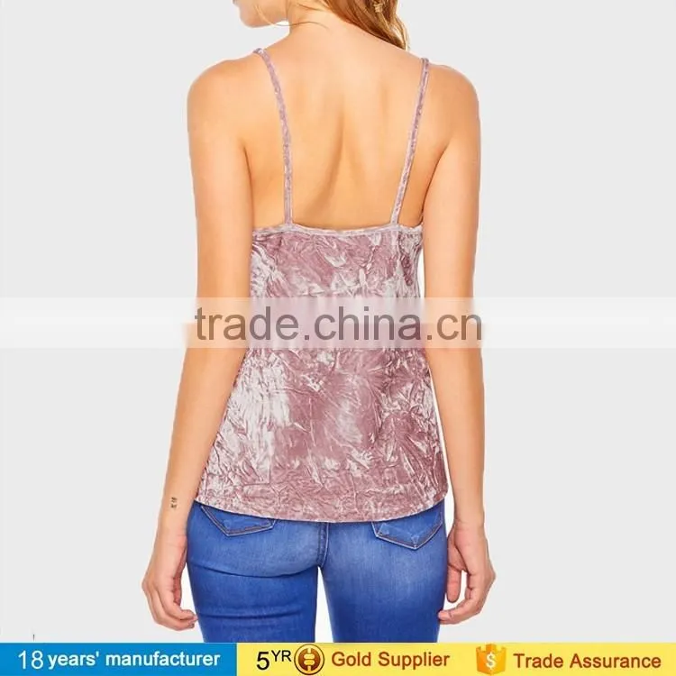 2017 Latest sexy sleeveless V Neck spaghetti strap summer wear design Velvet Camisole tops blouse for women