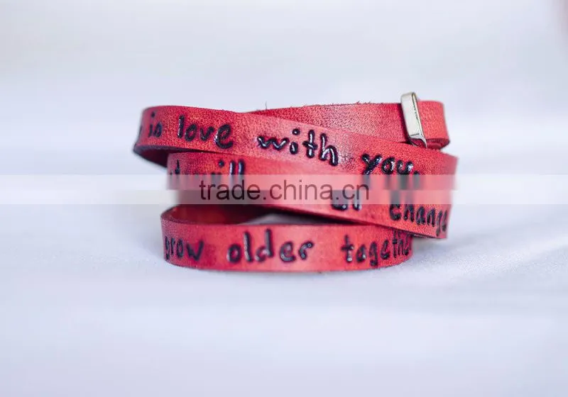 personalized inspired words engraved leather bracelet, custom logo hand-stamped leather bracelet, adjustable leather bracelet