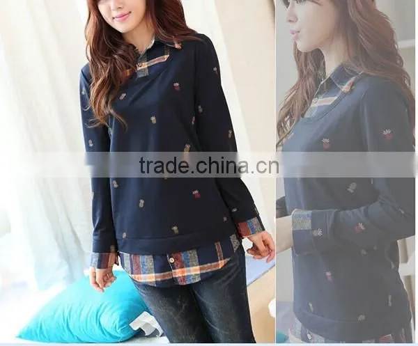 Spring and autumn lovely printed fake 2pcs long sleeve blouse designs fashion women plaid shirt