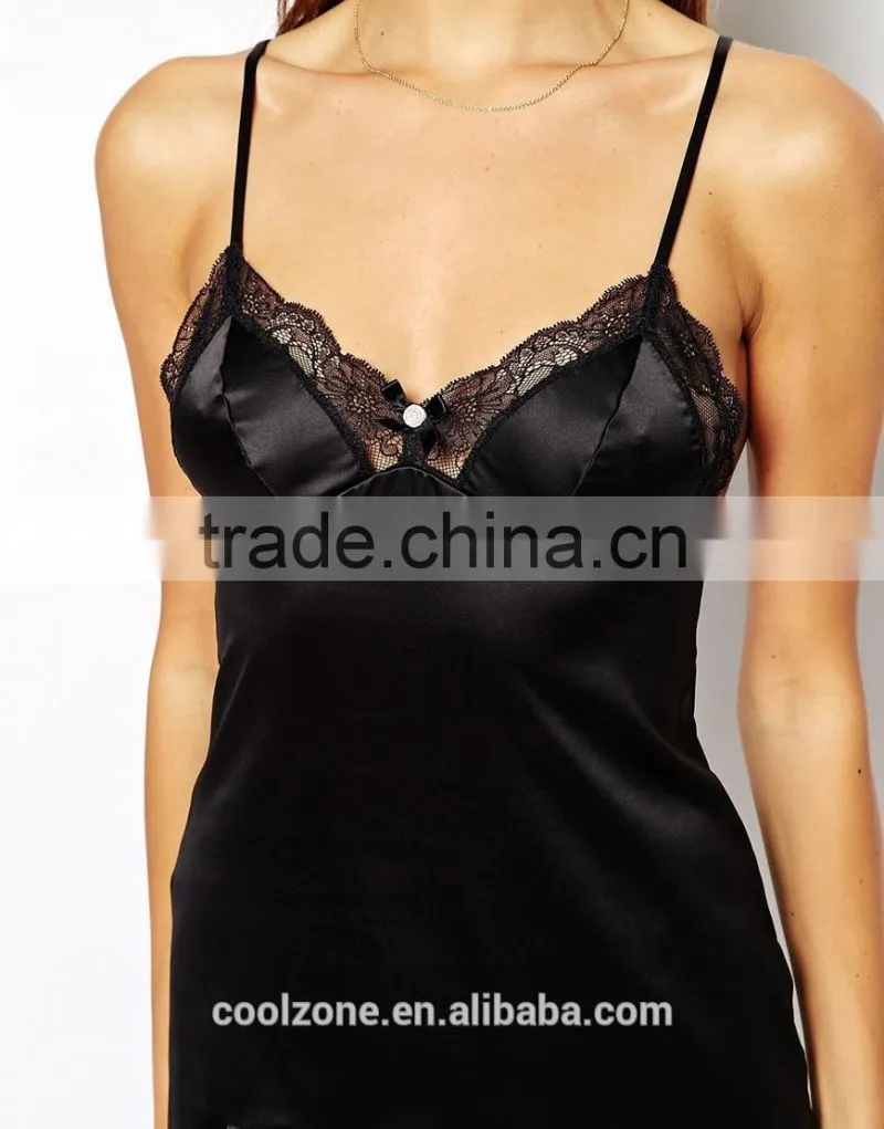 Sexy applique bows adjustable straps sleeping dress with lace trim