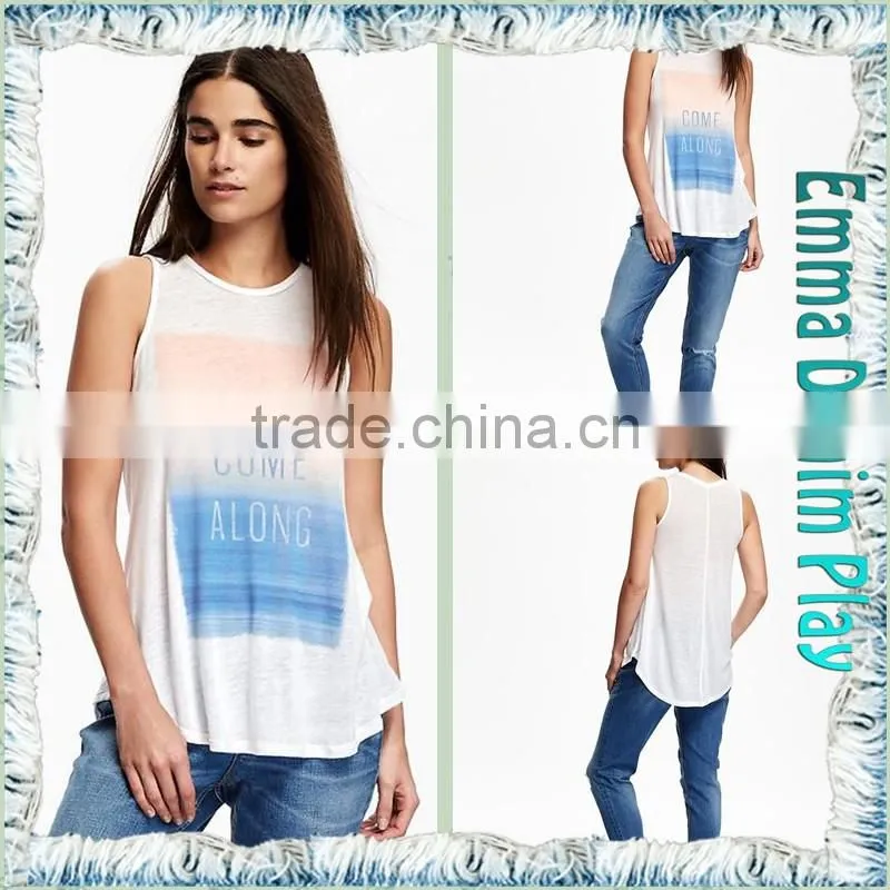 Sexy Womens Silk Screen Printed Thin Fabric Round Neck Sleeveless Long T-Shirts for Hot Summer
