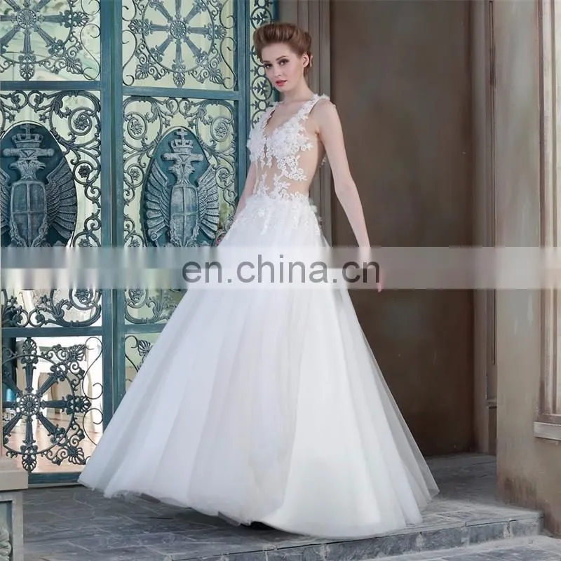 summer Wedding Dresses Sexy V-neck Floor Length See-through Lace top handmade Flowers Vintage Inspired Bridal Gowns