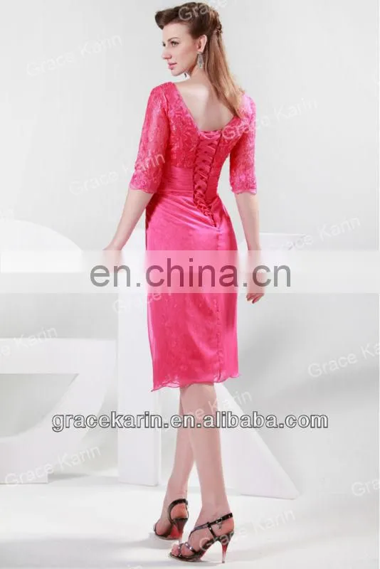 2015 Grace Karin Knee-Length Lace Mother of Bride Dress with Middle Sleeve Women's Black and Red V-Neck CL4363-2#