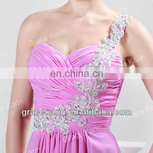2015 Grace Karin Cheap Pink Long Evening Dresses One Shoulder Evening Gown CL4425